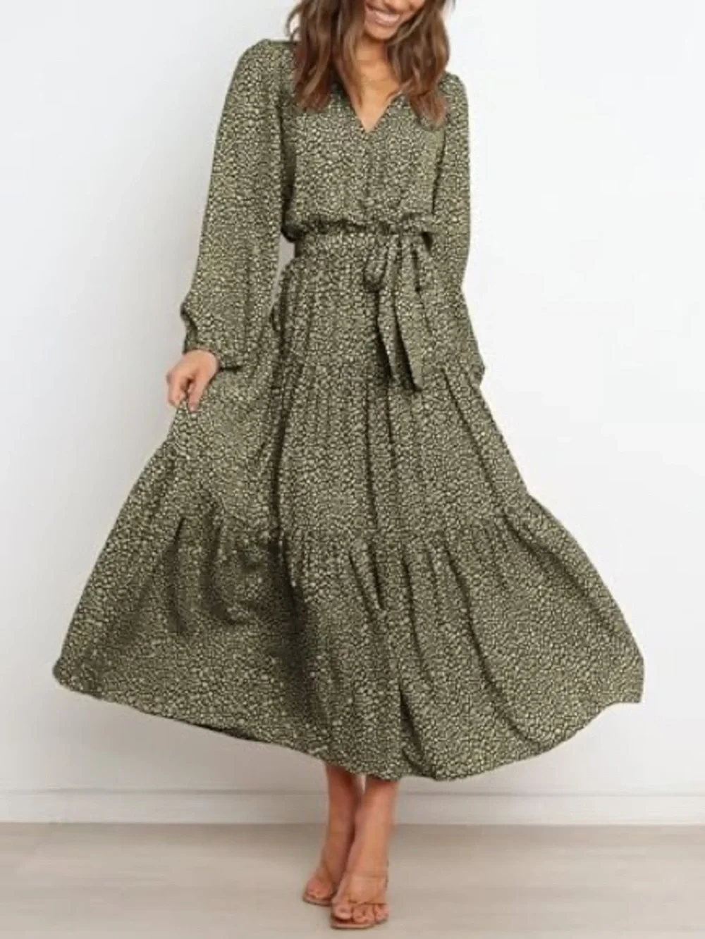 Long Sleeve Olive Floral Tiered Maxi Dress with V-Neck - Picture 1 of 9